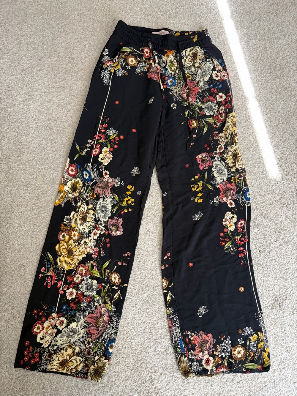 Philosophy Floral Wide-Leg Pants, Women’s Black XS Viscose Flowy Pants w/ Pocket